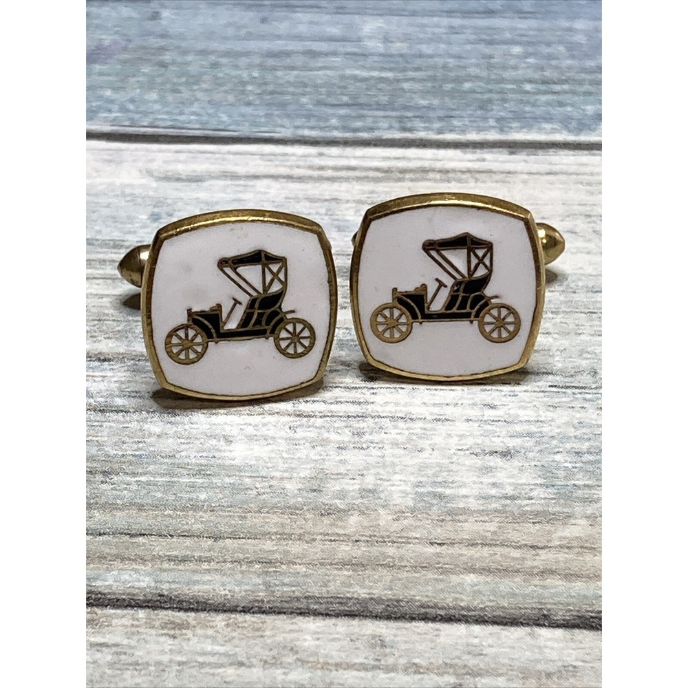 Vintage Enamel Car Cufflinks Pair Square White Gold tone